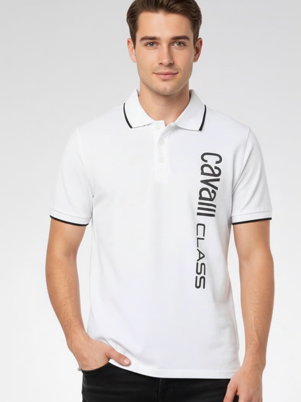 Cavalli Class White Polo with Black Trim and Vertical Logo